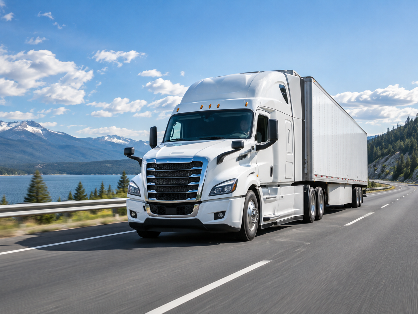 White semi-truck driving on a highway