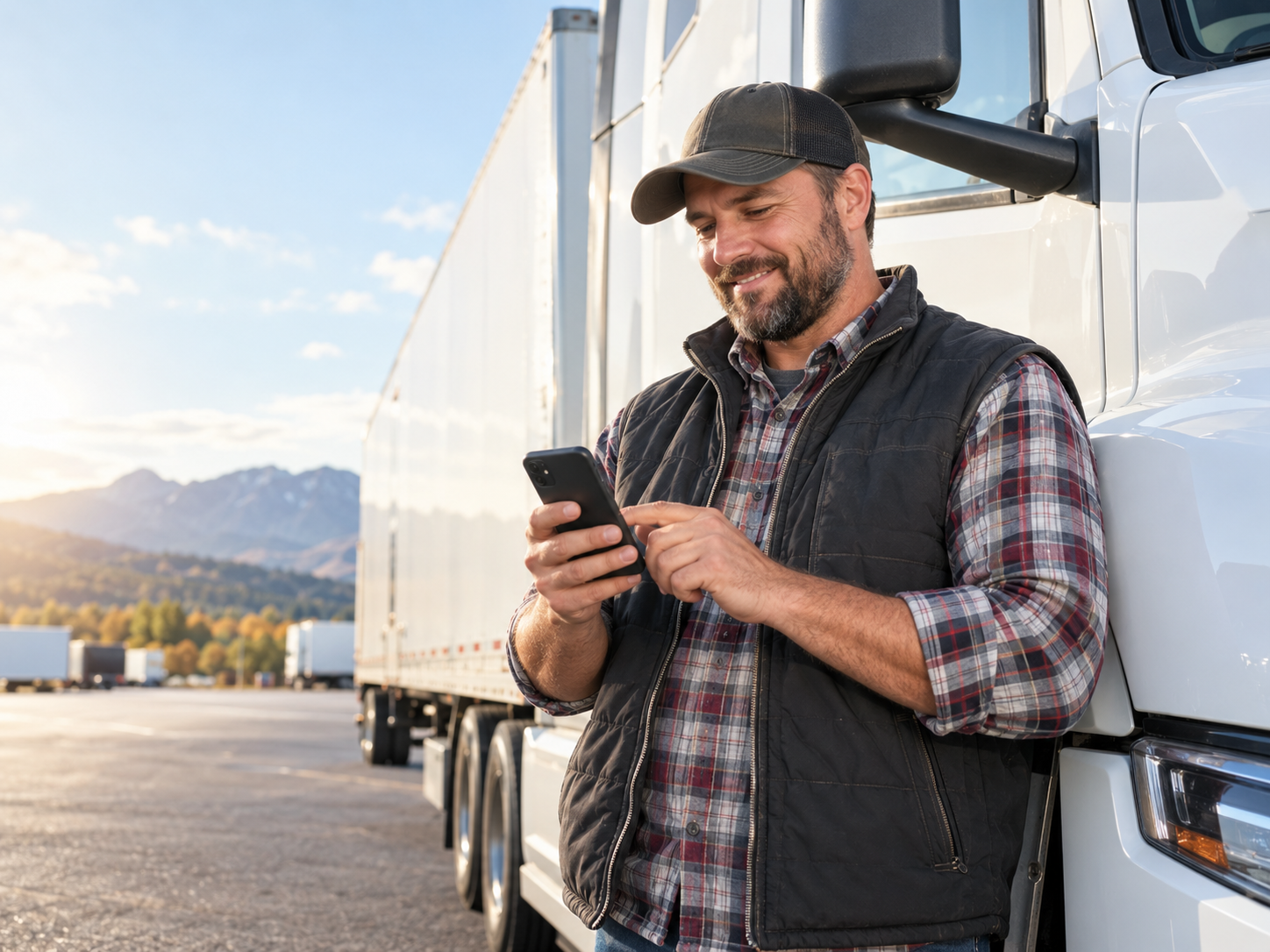 Truck driver using a smartphone beside a semi-truck
