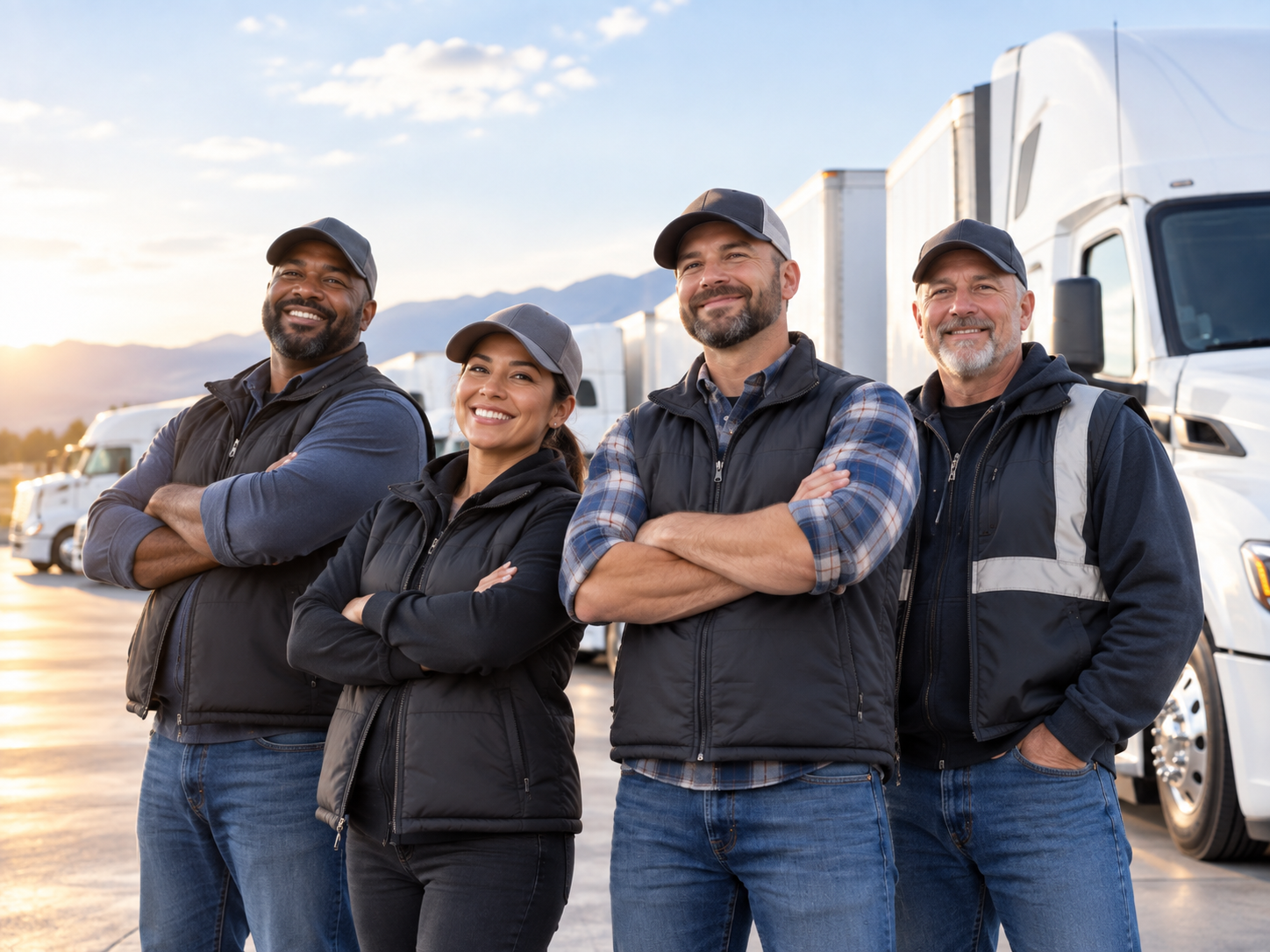 Professional truck drivers standing together